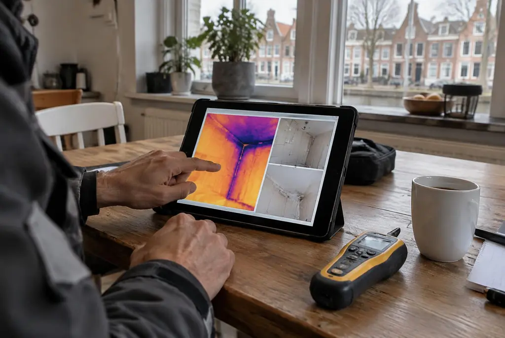 Lekdetectie Leerdam – lekdetectierapport met warmtebeelden en foto's op een tablet