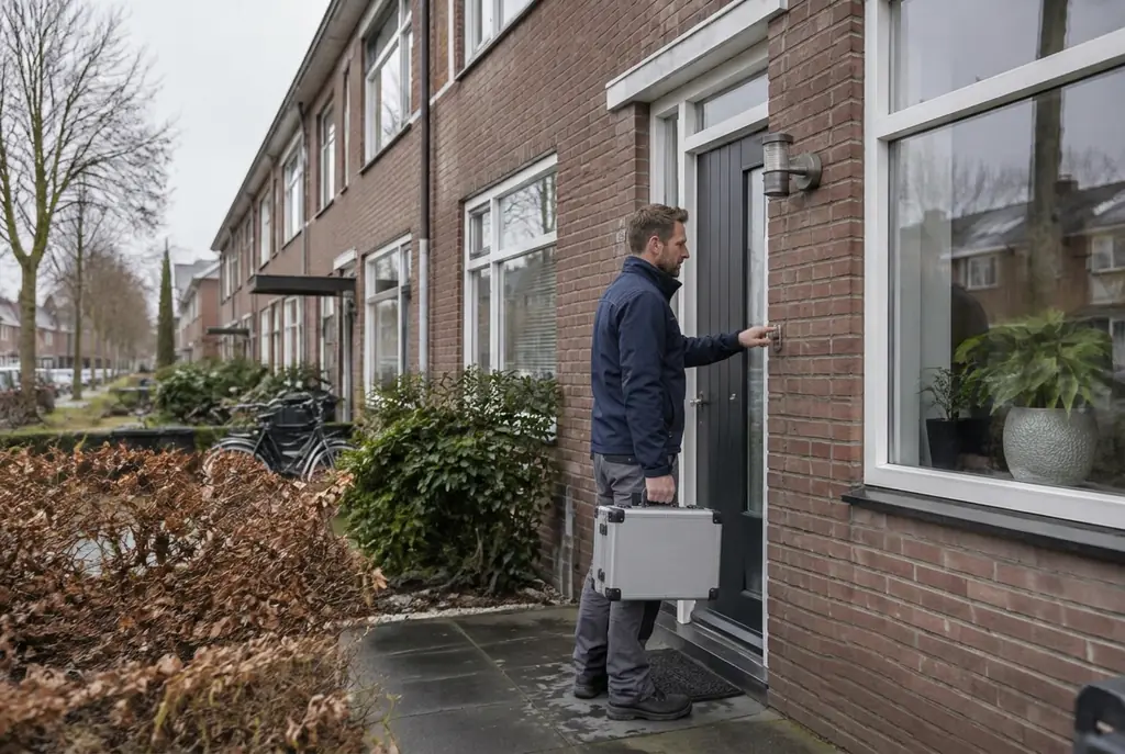 Lekdetectiespecialist met meetkoffer bij de voordeur van een woning in Leerdam